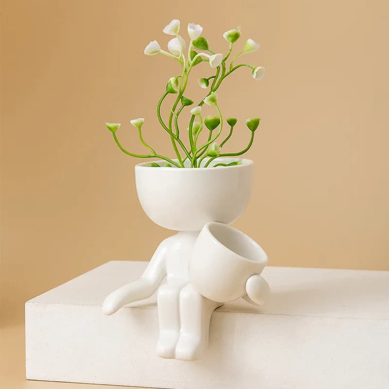 Mini Decorative Pots for Plants Human Shaped Ceramic Succulent Planters Cute Cactus Flower Pots with Drainage for Desktop Home