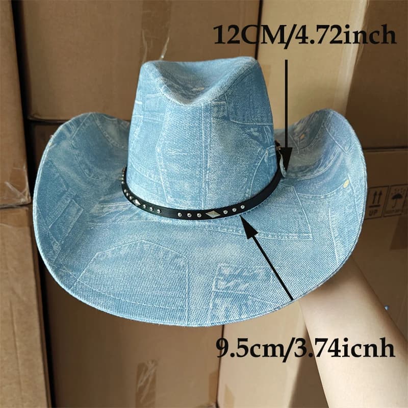 Unisex Printed Denim Cowboy Hat Western Wide Brim Jazz Hat Adjustable Vintage Cowgirl Sun Hat for Men Women Outdoor