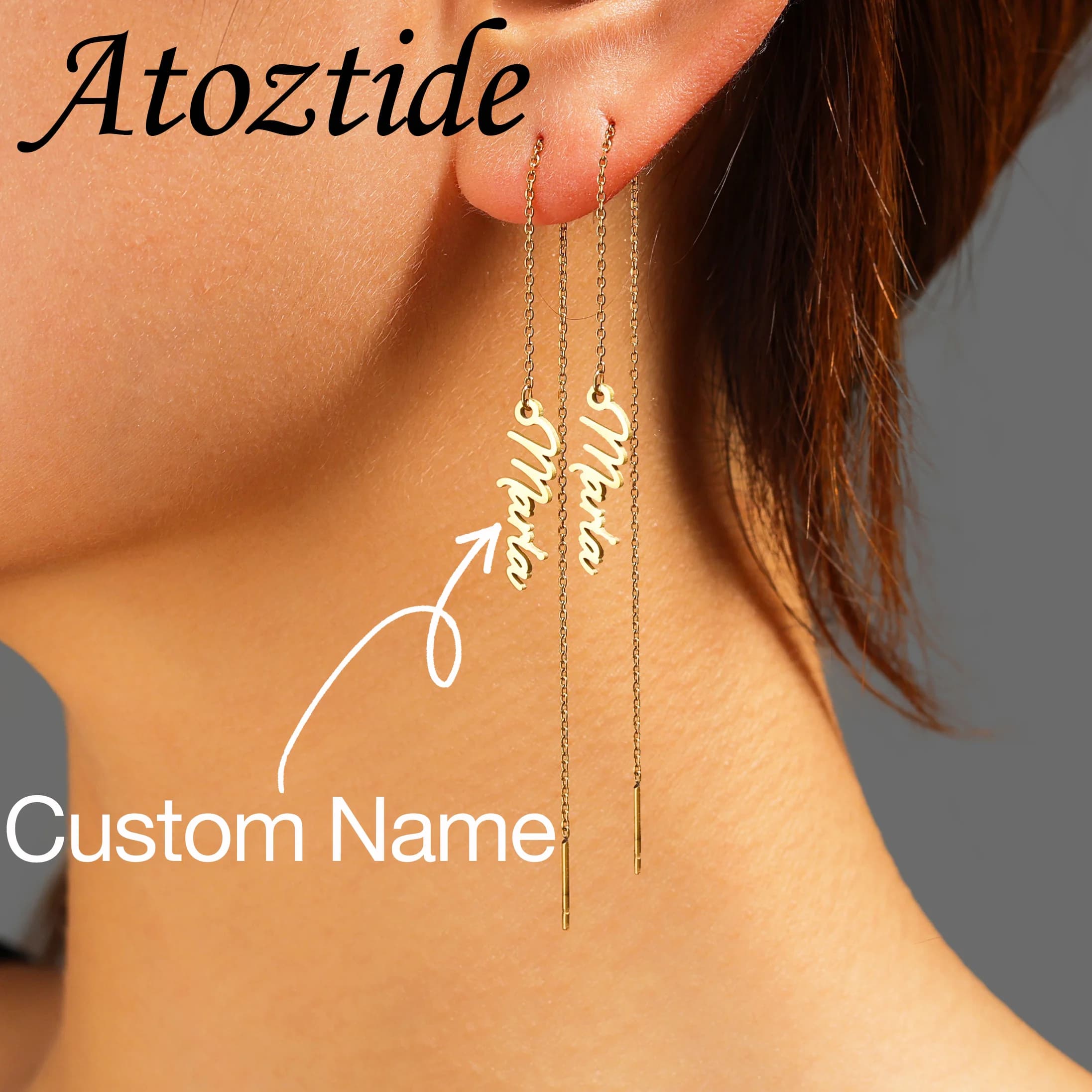 Atoztide Orecchini con filo con nome personalizzato per donna Gioielli in acciaio inossidabile con catena Orecchini pendenti Regalo di compleanno personalizzato