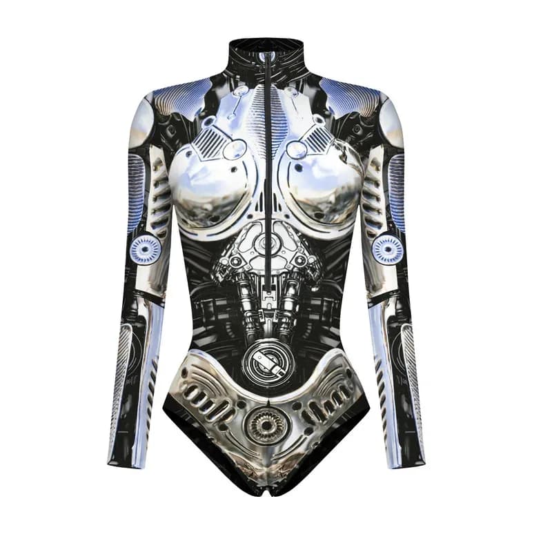 CySupereroe Tuta Costume Cosplay Robot Armatura Zentai 3D Stampa Donna Manica lunga Cerniera Body Halloween Party Suit Costume da bagno