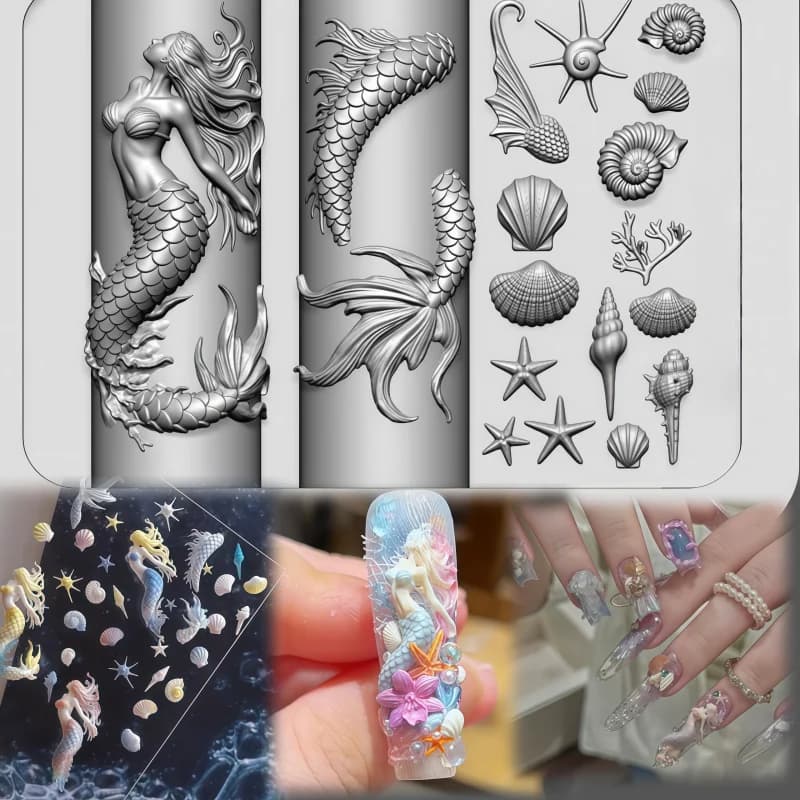 Stampo 3D in Silicone per Nail Art con Design di Sirene, Oceano Estivo, Conchiglie e Pesciolini Dorati per Decorazioni Unghie Fai-da-Te