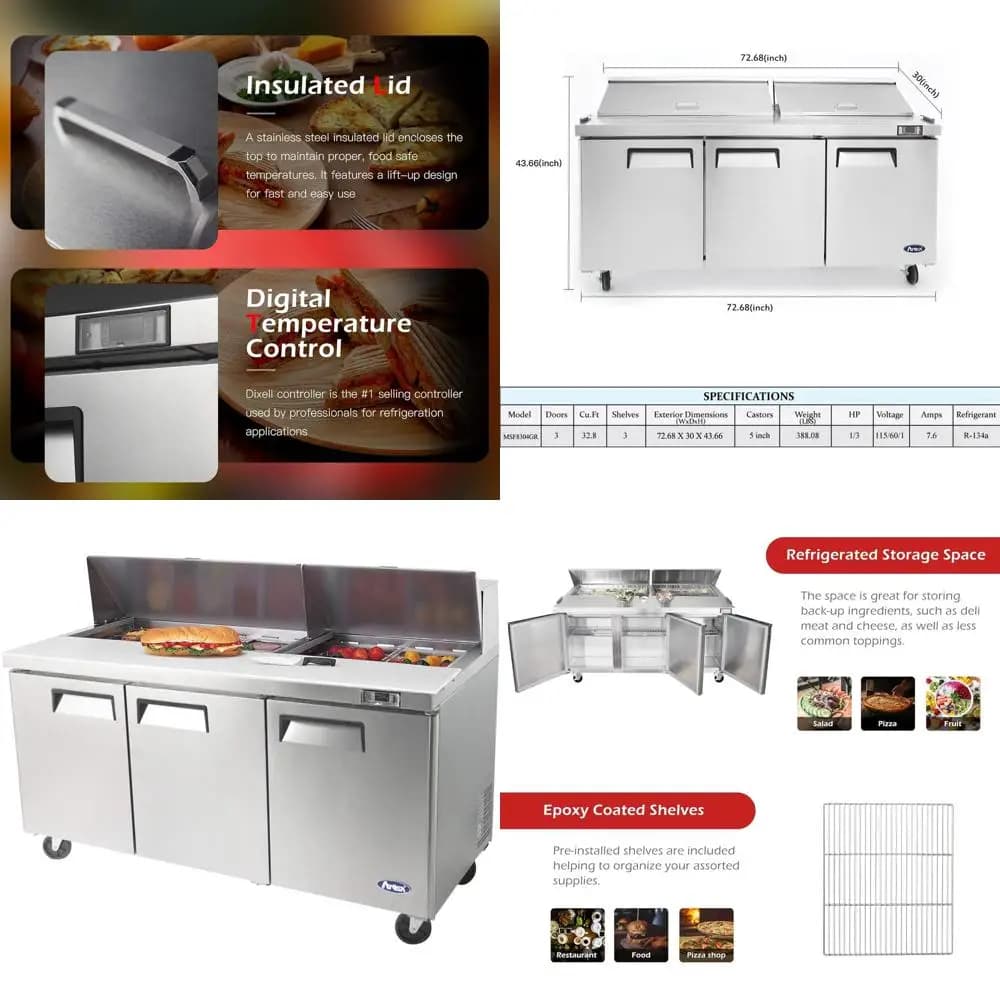 Refrigerated table with 3 doors for sandwich preparation and salads with 10 cutters, 18 trays (size 1/6), 21,1 Cu. Standing capacity standing standing (standing position), stainless steel.