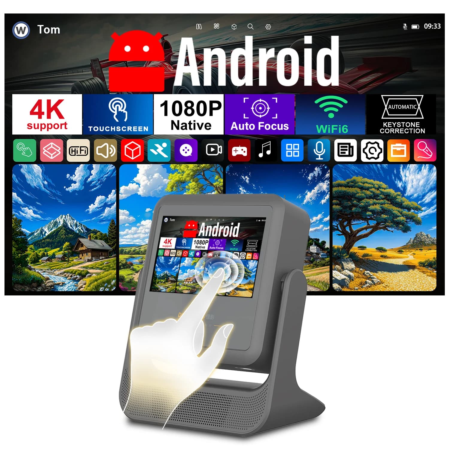 3-in-1 Projector Tablet Speaker 7" 1080P 4K Auto Focus 180° Rotation HDMI USB