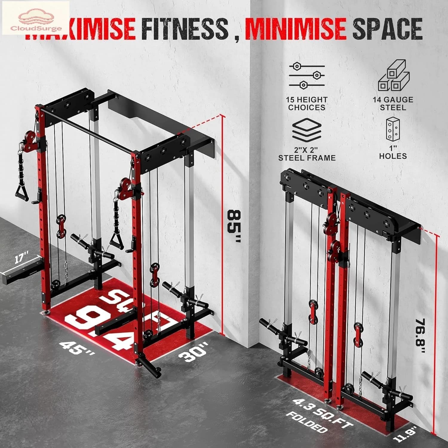 WM3-V4 Rack per Squat Pieghevole, Power Rack a Parete con Sistema di Pulegge Doppio Indipendente