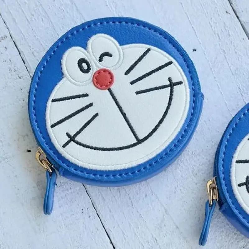 Doraemon Dorami Pu Embroidery Blink Mini Circle Shape Zipper Style Coin Storage Wallet Portable Earphone Data Cable Storage Bag