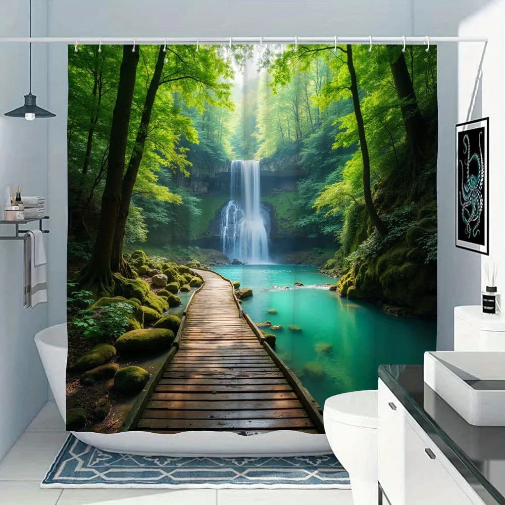 Trasforma il tuo bagno con questa tenda da doccia impermeabile con una cascata di foresta serena per il relax