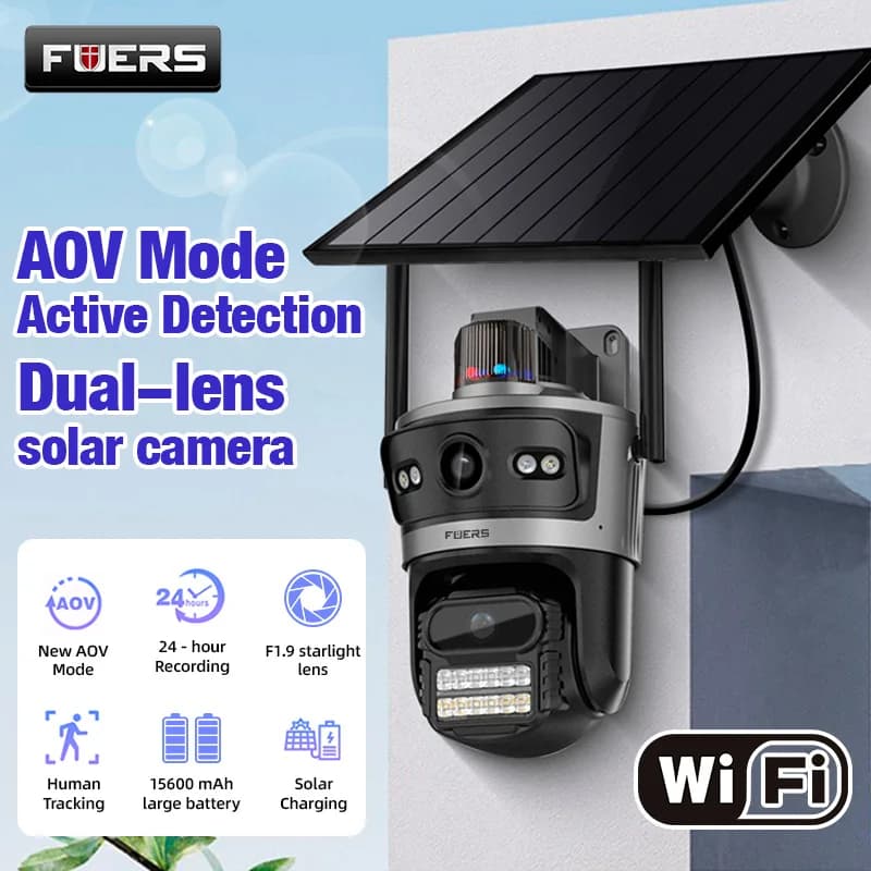 FUERS Telecamera solare AOV 24 ore Registra tre schermi Esterna Zoom 10X Telecamera WIFI Pannello solare 9W Batteria incorporata 15600mAh