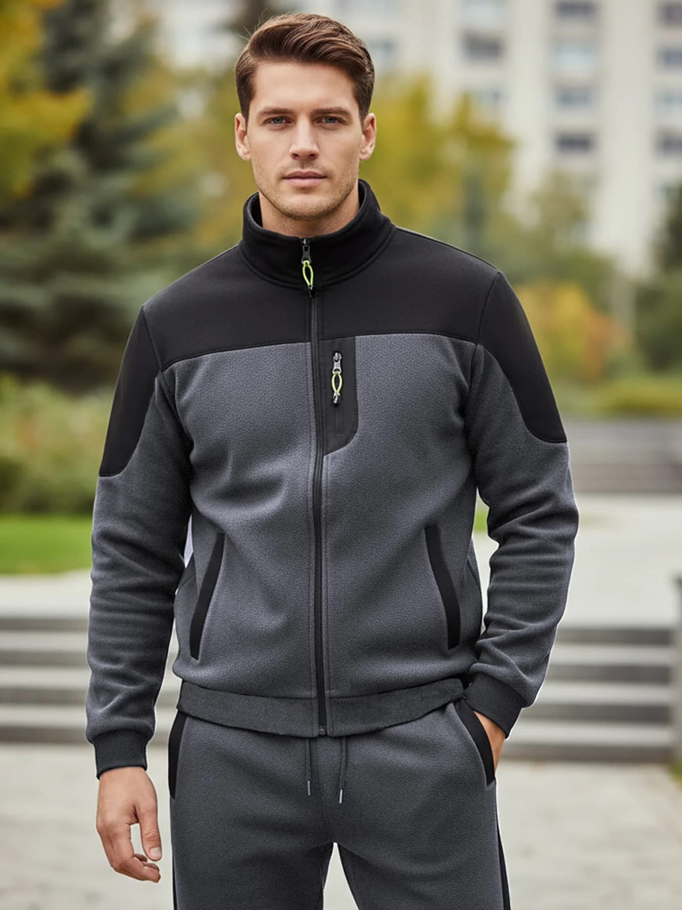 Men's Fleece-Lined Color-Blocked Stand-Collar Sports Jacket Two-Piece Set Drawstring Jogger Pants Casual Sportswear Versatile Set for Fitness, Walking, Commuting, and Home Use