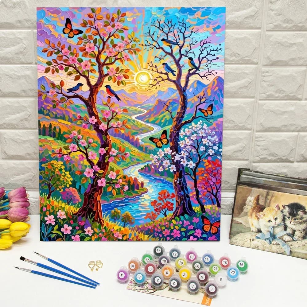 Digital Oil Painting Tree Flower Landscape DIY Acrylic Paint By Numbers Scenery River Craft Kits Living Room Modern Home Decor