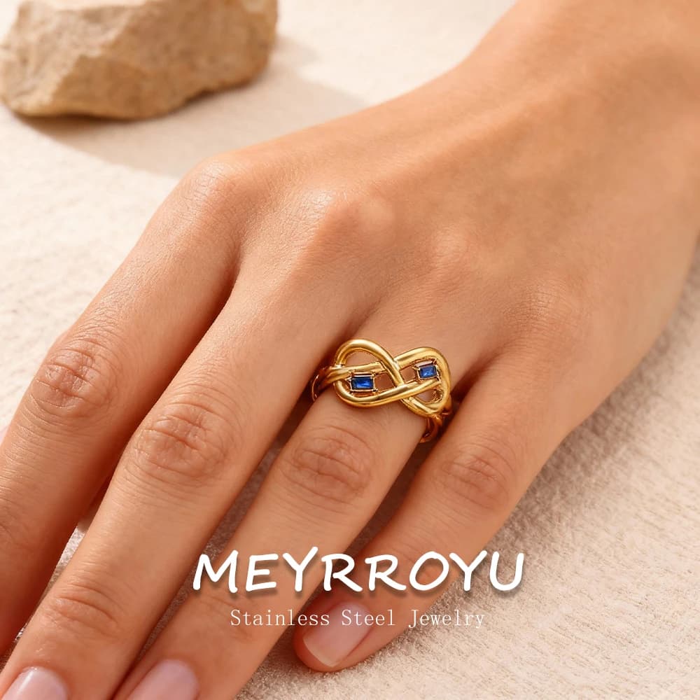 MEYRROYU Women's Open Ring Stainless Steel 316L Golden with Infinite Lines and Blue Zirconia, New Light Luxury Ring Not fading, Jewelry