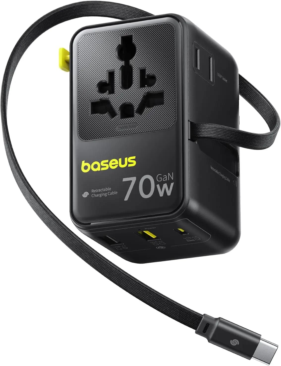 Universal 70 W travel adapter with retractable cable, USB-C fast charging for USA/EU/UK/AUS and over 200 countries