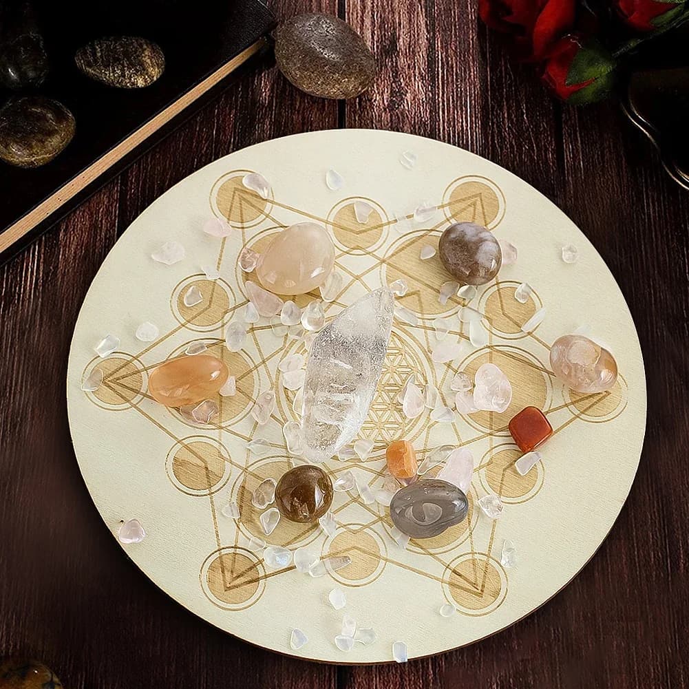 Griglia di cristallo in legno inciso al laser Pendolo Piatto energetico Tappetino Motivo geometrico Sottobicchieri isolati Vassoi per piatti per gioielli Decorativi