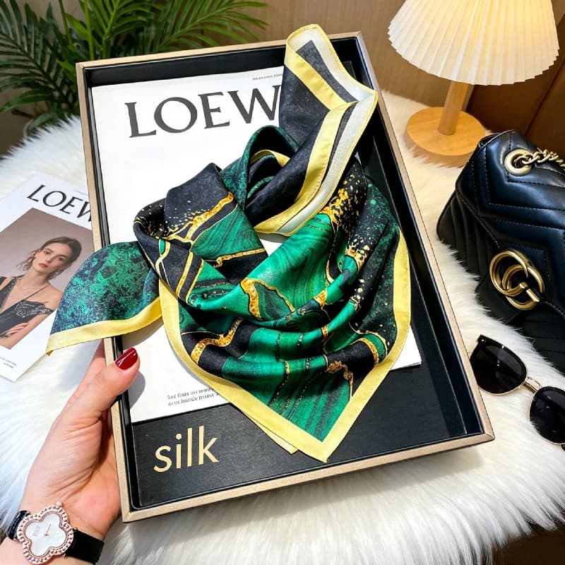 Hangzhou Silk New Green Twill Silk Medium Square Scarf Elegant Temperament Silk Sunscreen Scarf Shawl Women's Light and Thin