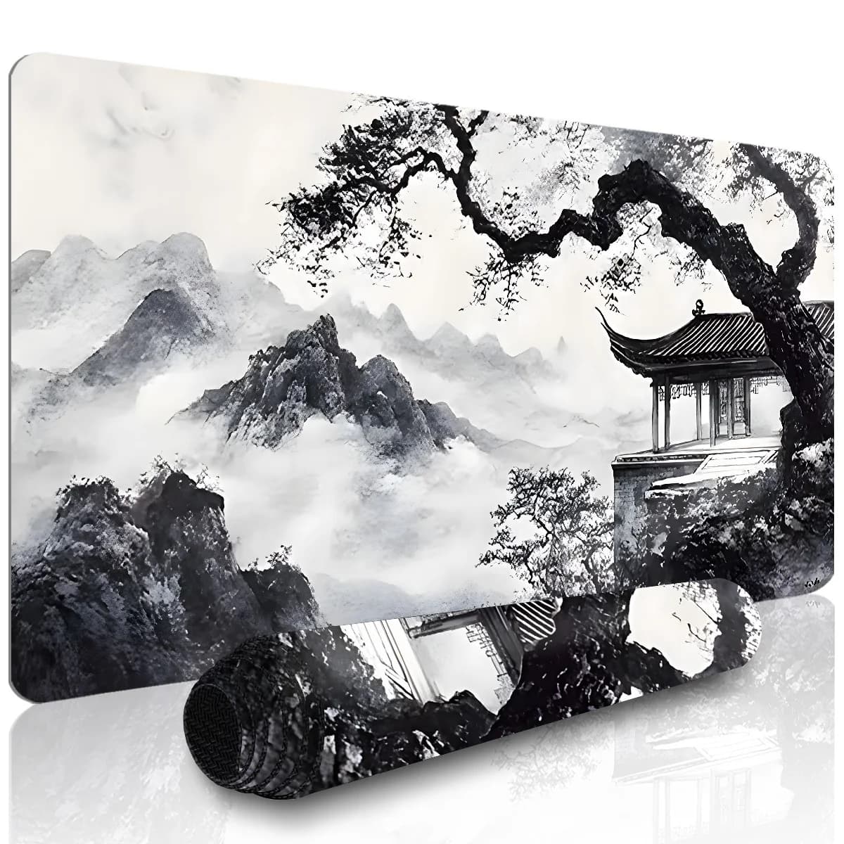 Tappetino per mouse in gomma morbida extra large con stampa albero antico Mountain Pavilion, estetica tradizionale, multi-misura, per gaming