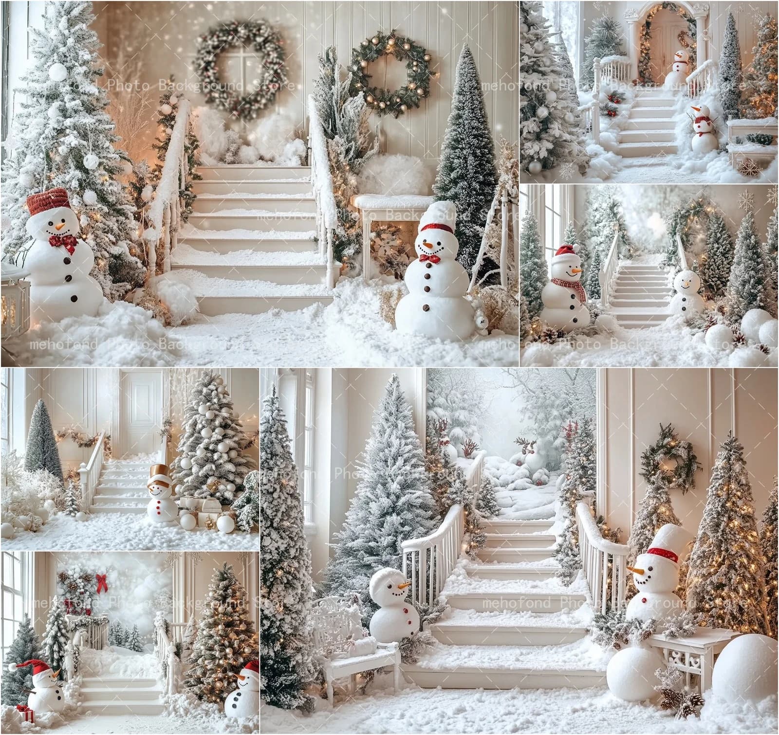 Mehofond Sfondo fotografico Inverno Albero di Natale Scale Biancaneve Piccole luci a corda Bambini Ritratto di famiglia Sfondo Decor