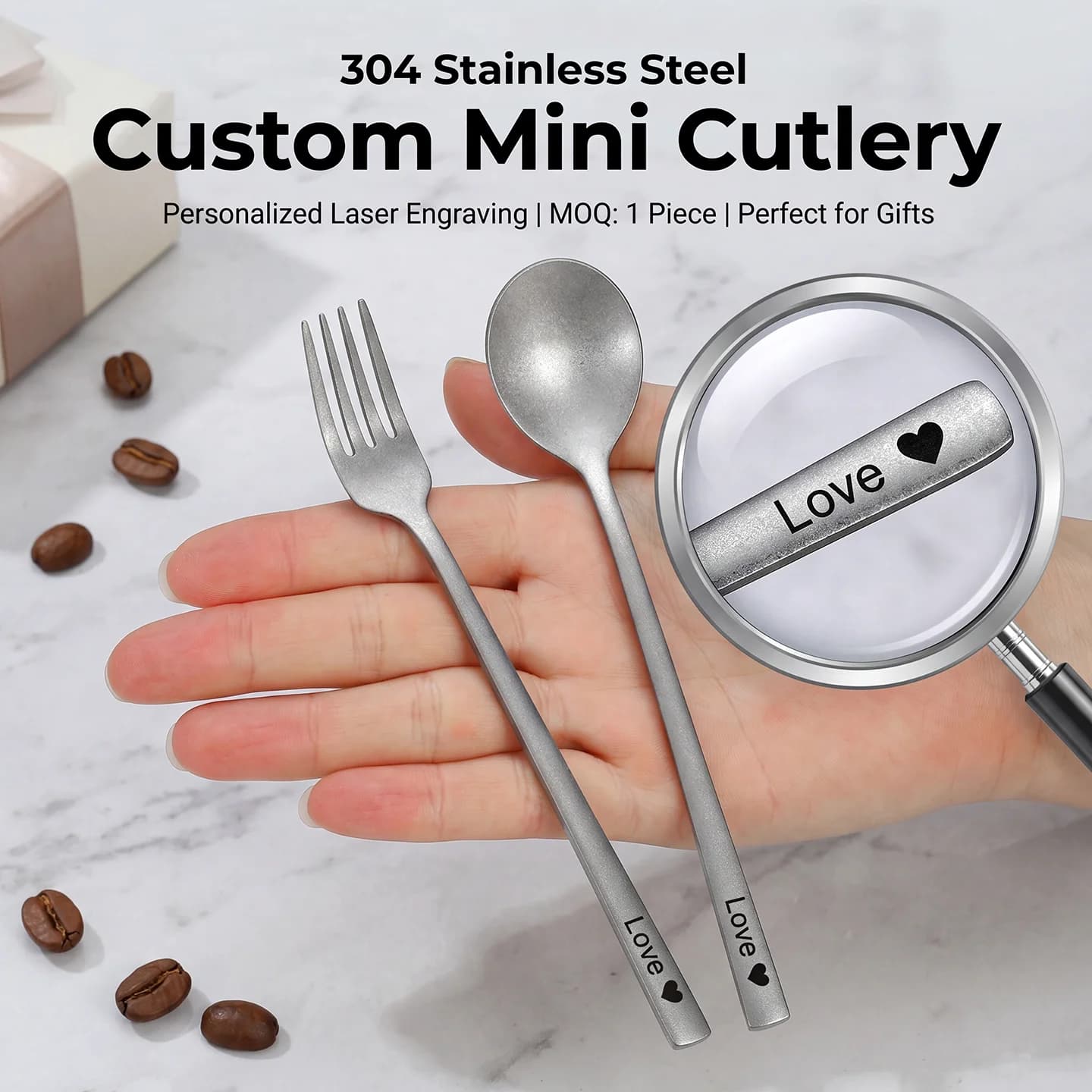 304 Stainless Steel Mini Tea Fork Small Coffee Dessert Spoon Custom Logo DIY Laser Engraved Korean Style Tableware Gift for Kids