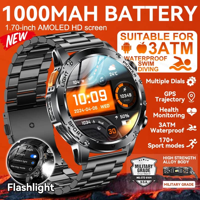New AK87 1000mAh Men's Battery Outdoor Smart Watch 1.7 Pneumatic GPS Flashlight 3ATM Waterproof Bluetooth Sport Smartwatch Call