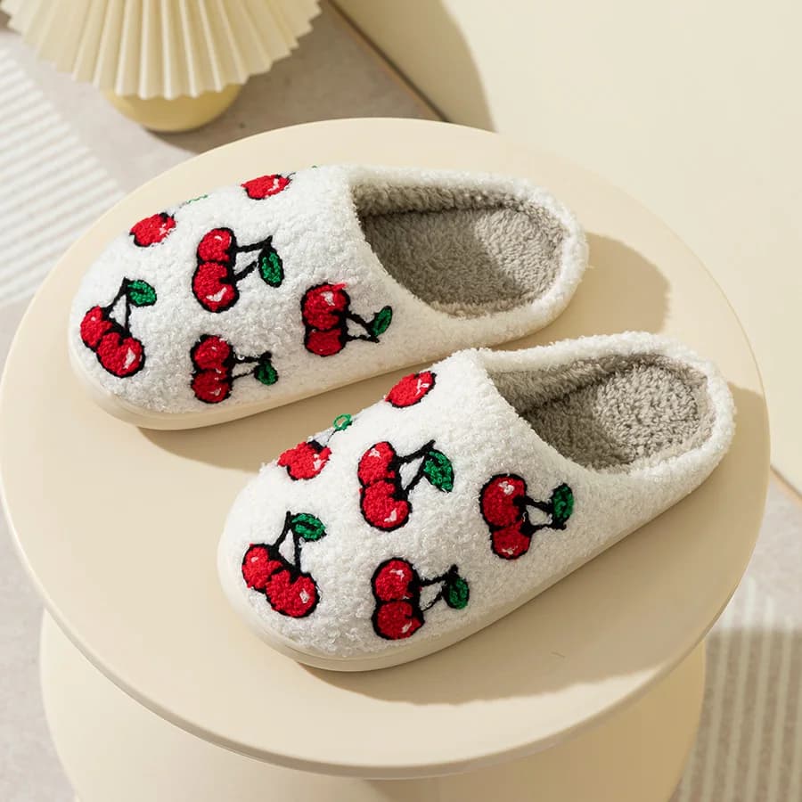 Pantofole da interno calde e comode con motivo a ciliegia da ragazza, invernali, con frutta carina, per camera da letto, morbide, per il tempo libero, scarpe da casa interessanti da donna