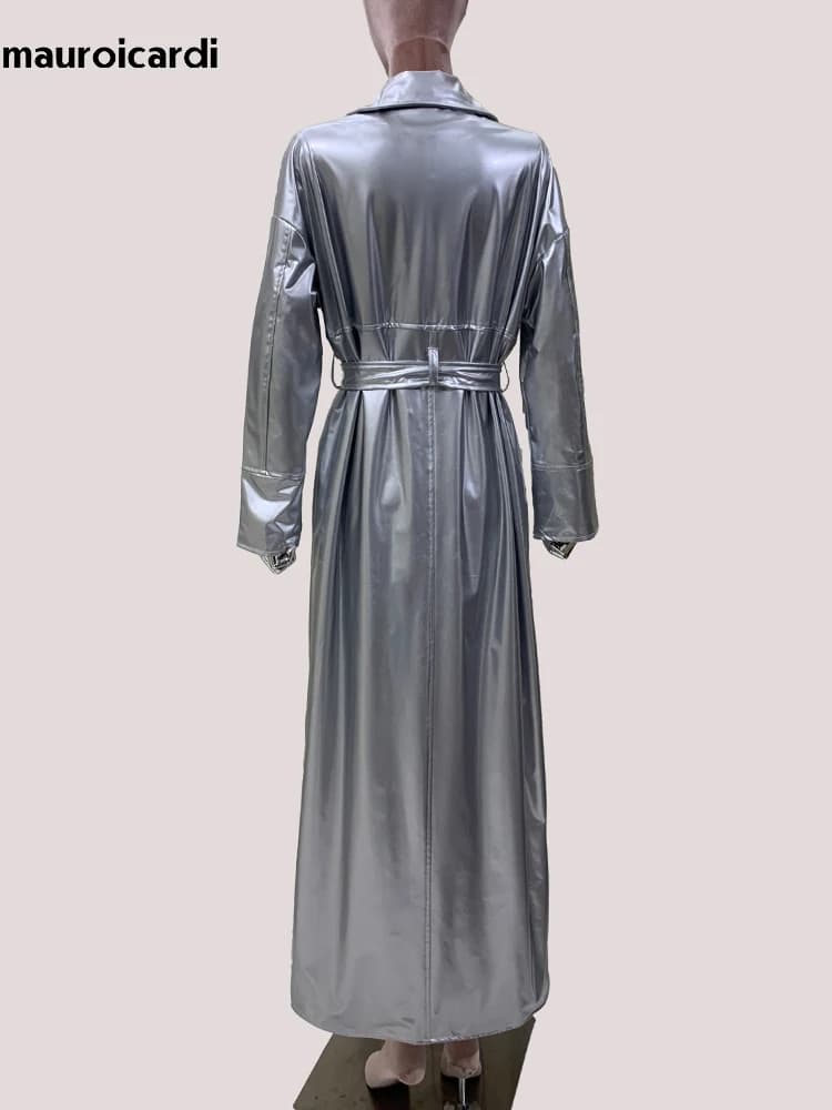 Mauroicardi Spring Autumn Extra Long Soft Light Silver Ecopelle Trench for Women Telai European Fashion 2025