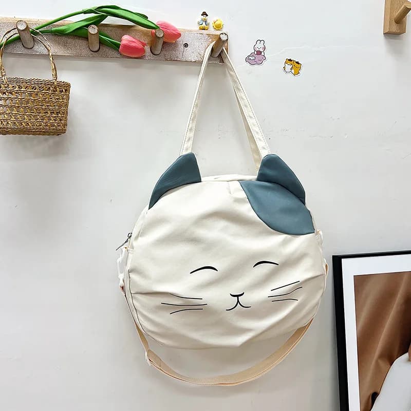 Borsa a Tracolla in Tela con Design Gatto Cartoonesco e Manici Superiori, Borsa a Spalla Multifunzione per Uso Quotidiano, Scuola e Lavoro