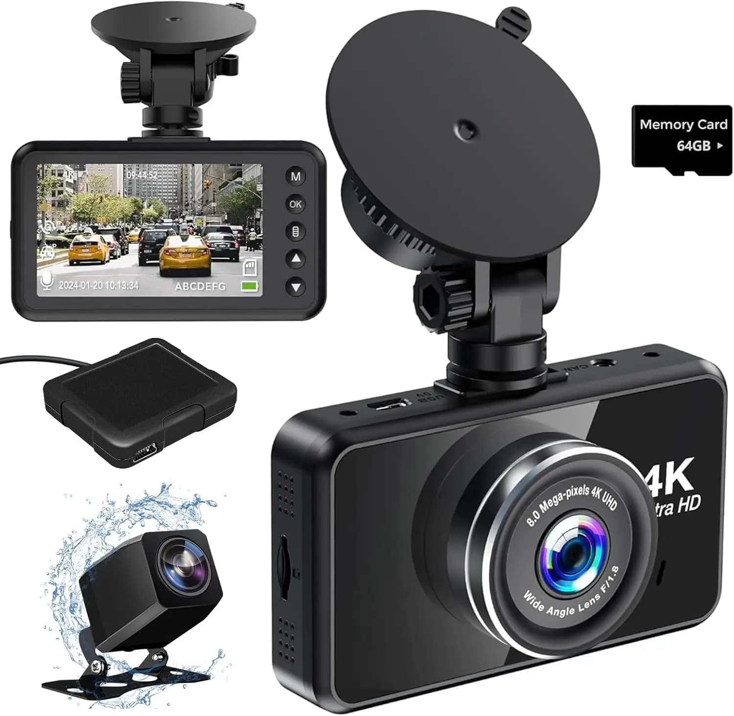 Dash Cam 4K with GPS, 4K front and rear 1080P, 64 GB, night vision, parking monitor, 170 ° Large angle (black)