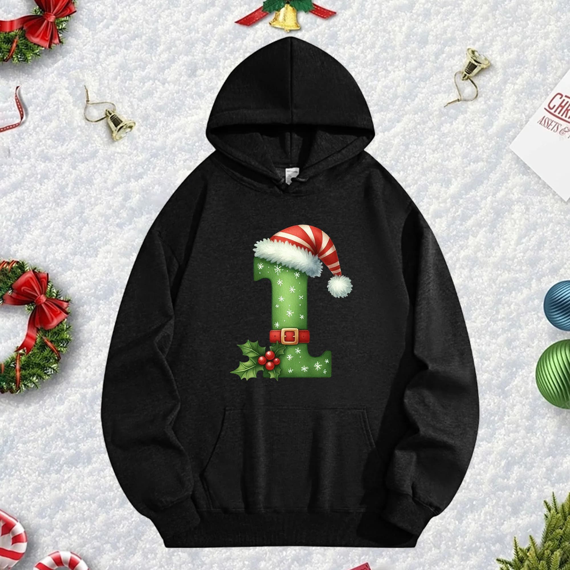 Christmas I 270G black hooded sweatshirt for men and women, comfortable oversize fleece pullover for Christmas fall/winter New Year