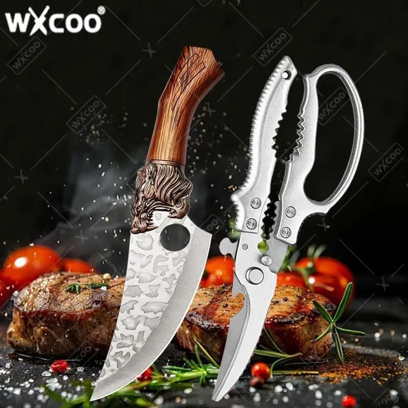 Coltello Multifunzionale Forgiato a Mano in Acciaio Inossidabile, Coltelli da Cucina, Mannaia per Carne, Coltello per Frutta e Verdura, Forbici Professionali per BBQ