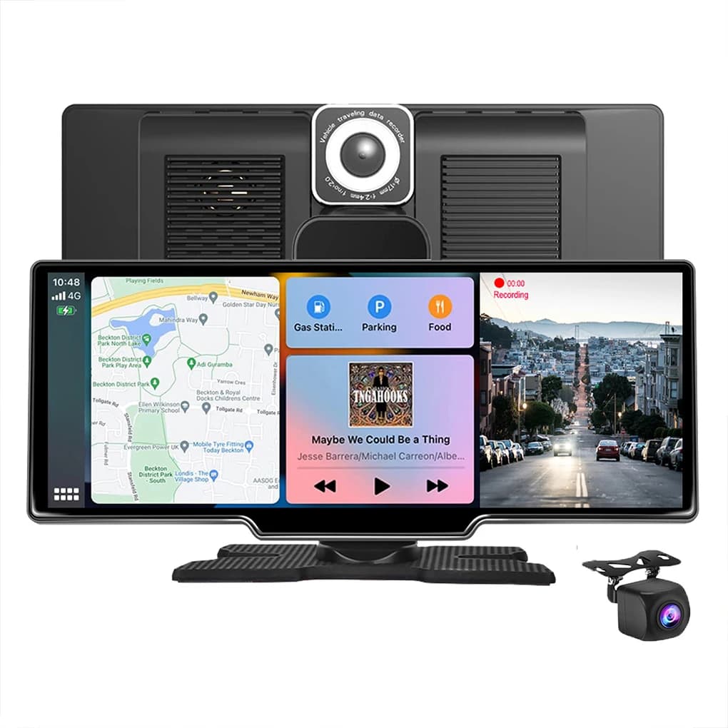 Portatile da 10.26 pollici HD IPS Touchscreen Car Stereo Dual Lens Dash Cam DVR supporto Wireless Android Auto & Carplay con scheda TF