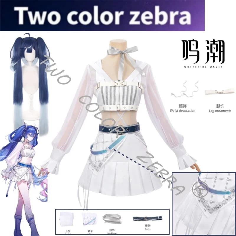 Wuthering Waves Solar5 Birthday Party Iuno Cosplay Idol Stage Costume White Blue Stage Outfit Skirt and Wig Set for Perfromance
