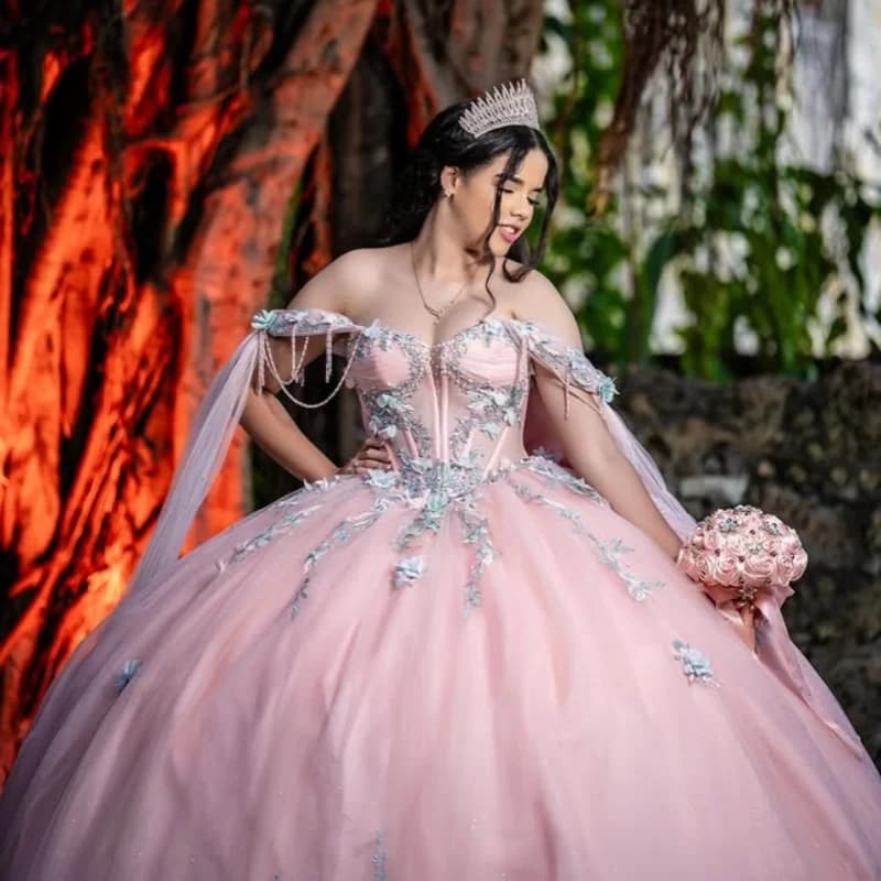 Abito Quinceanera rosa con spalle scoperte Perline Pizzo glitter Decalcomania fiore 3D Fiocco abiti da 15 Quinceanera Personalizzato