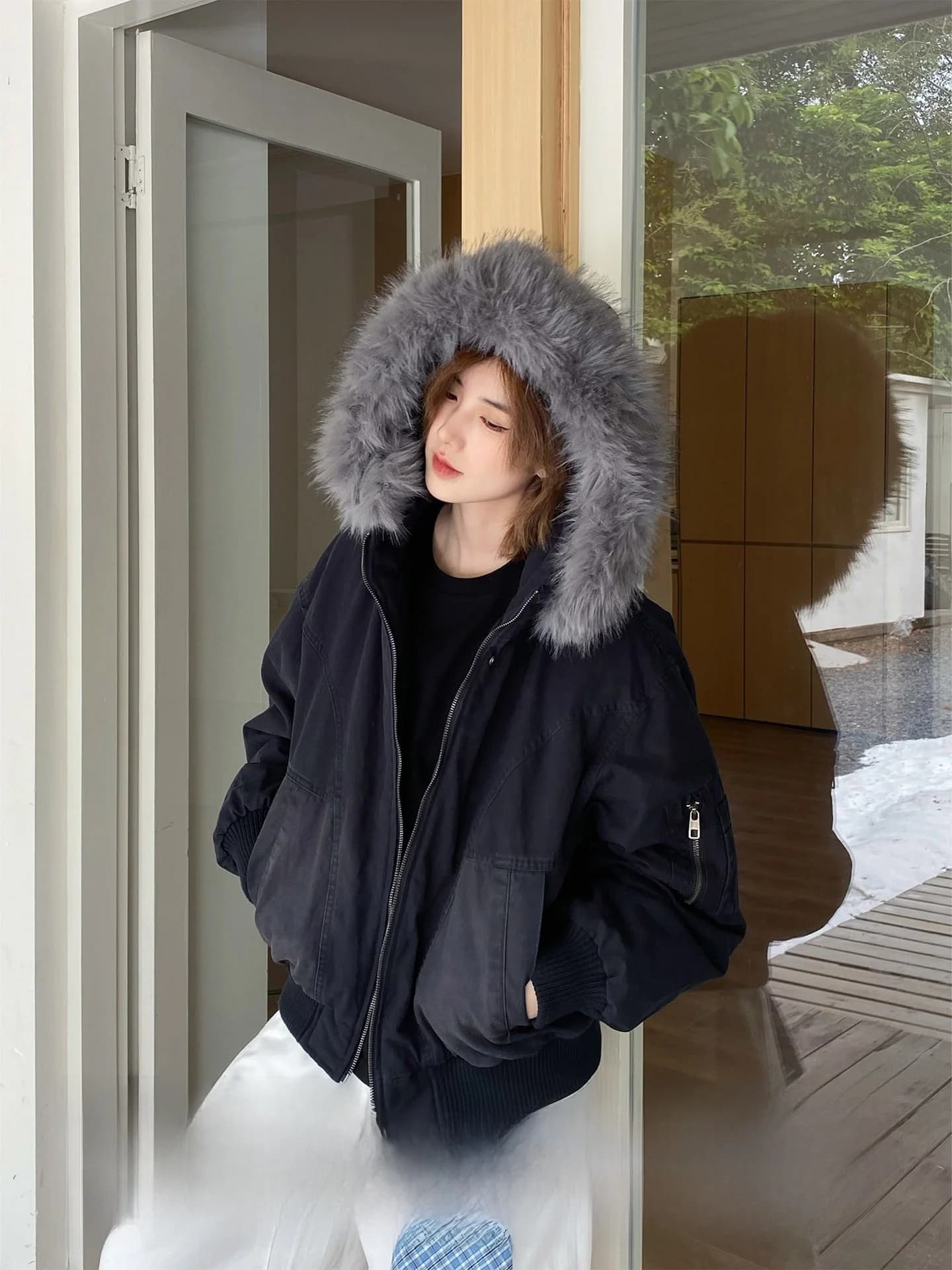 Ja1 Unisex Vintage Washed Plush Hood Detachable down Jacket Warm Loose Couple Outerwear Casual Style Long Sleeve Zipper Closure