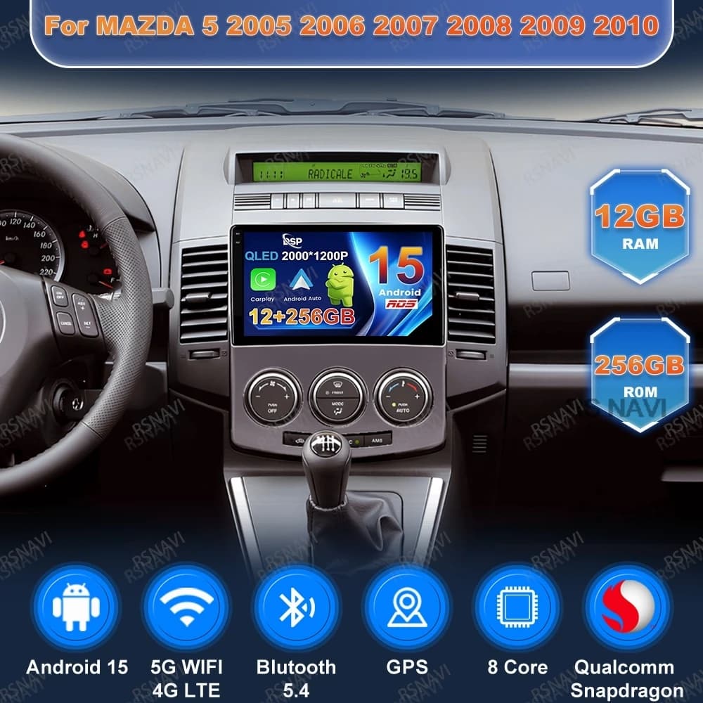 Android 15 Autoradio Per MAZDA 5 2005 2006 2007 2008 2009 2010 QLED Qualcomm Navigazione 4G LTE Autoradio Stereo Multimediale GPS