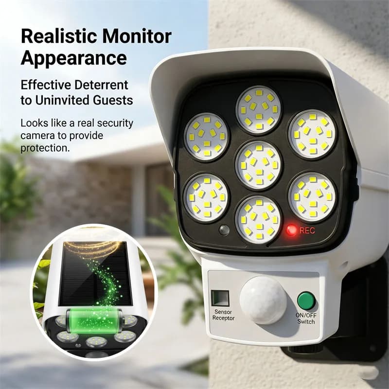 Telecamera di Sicurezza Finta a Energia Solare con Sensore di Movimento e Faretto LED, Lampada da Parete Impermeabile per Esterni, Giardino e Vialetto