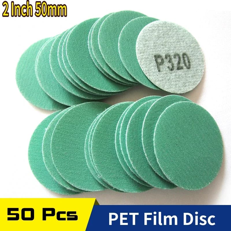 Dischi abrasivi Pellicola PET da 2 pollici 50MM Gancio ad anello Carta vetrata a umido e asciutto per levigatrice orbitale casuale Lavorazione del legno Lucidatura per auto Finitura