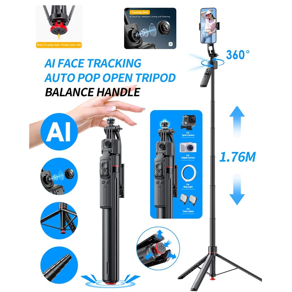 Selfie Jumping stick with tripod with cardanic joint AI 360 ° All-in-one support with cardanic joint with automatic pop-up tracking for automatic follow-up face for smartphones