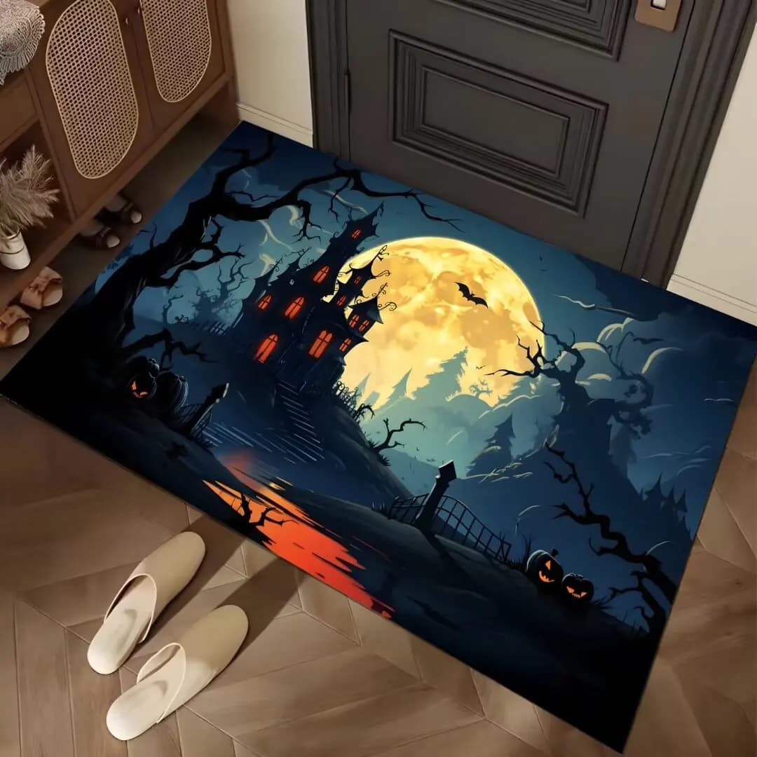 Dark Moon & Bat Pattern Floor Mat Washable Durable Edge Sealed for Front Door and Garage Threshold