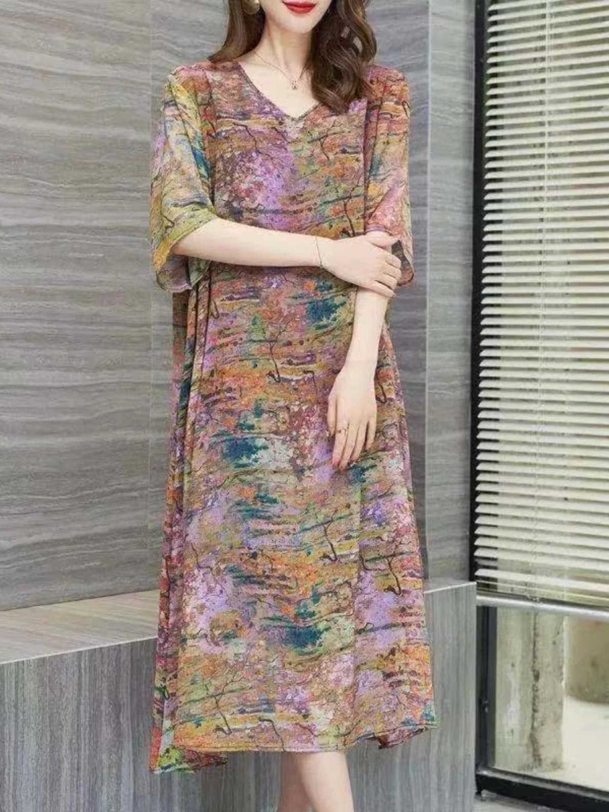 Large Size Ice Silk Dress Mommy Anti-Aging Fashionable Loose Slimming Women's Clothing Summer Mid-Length A-Line Dress
