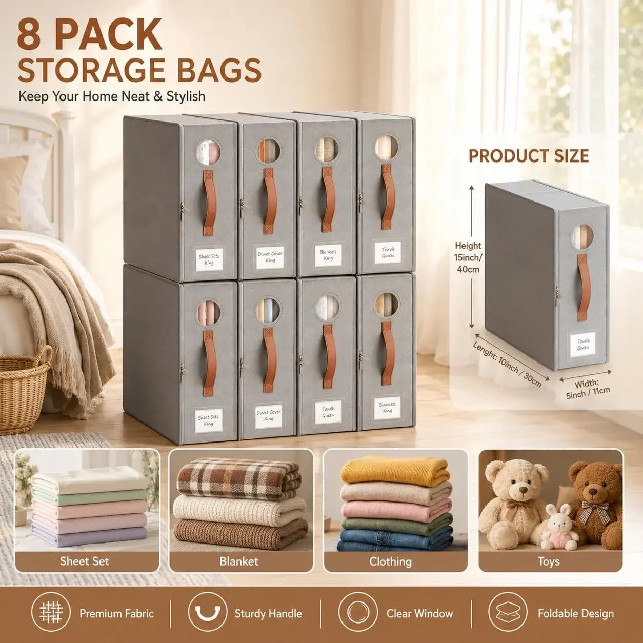 4Pcs Foldable Bed Sheet Organizers Closet Linen Storage Box with Zipper Clear Window Reinforced Handles Durable Bedding Storage Bins for Queen King Size Sheets Blankets Wardrobe Home Organization Housewarming