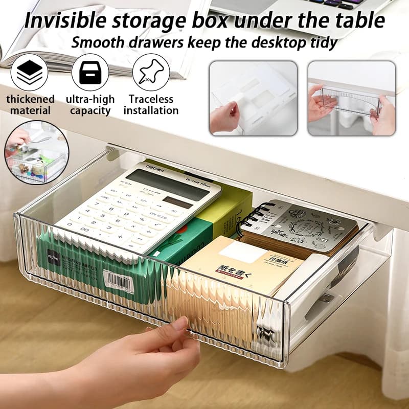 Perforated No-Drill Under Desk Hidden Drawer Storage Box, Multi-Purpose Hidden Hanging Shelf for Office Desktop
