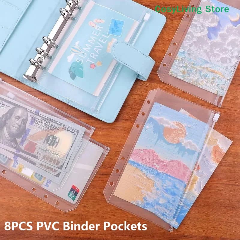 [CL]8PCS PVC Binder Pocket Cash Envelopes A5 A6 Zipper Folders Pouches Money Organizer Budget Document Filing Loose Leaf Inserts
