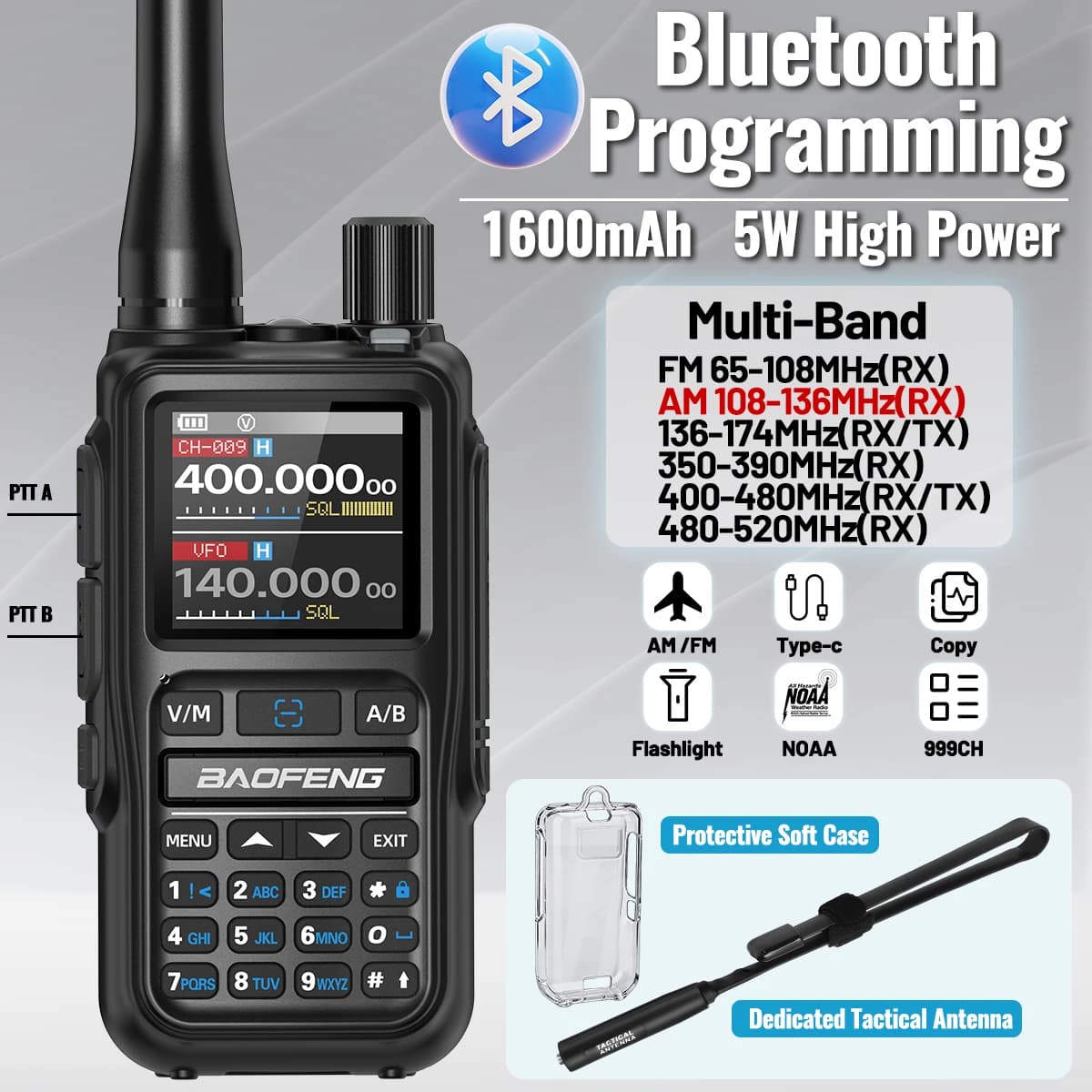 Baofeng UV 5R MINI Walkie Talkie Wireless con Copia di Frequenza, Lunga Portata, Multibanda, Radio Ham Type-C con Custodia Protettiva/Antenna