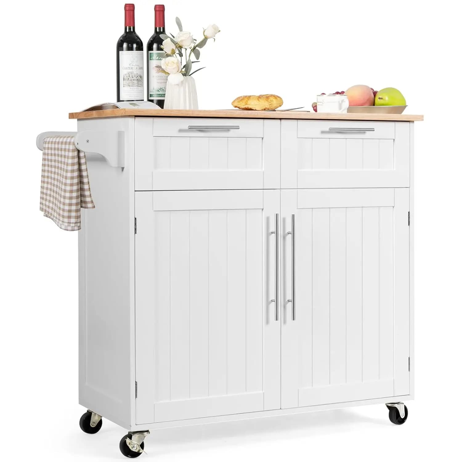 Isola da Cucina su Ruote, Carrello da Cucina con Porta Asciugamani Laterale, 2 Cassetti, Armadietto a 2 Ante, Carrello Portaoggetti su Ruote, Personalizzabile