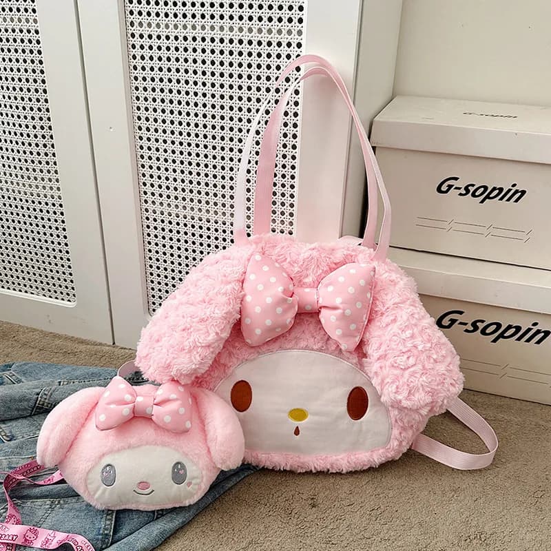 Simpatico zaino in peluche My Melody, borsa in peluche a forma di cartone animato per donna, borsa a tracolla alla moda di grande capacità, borsa casual da portare sotto il braccio