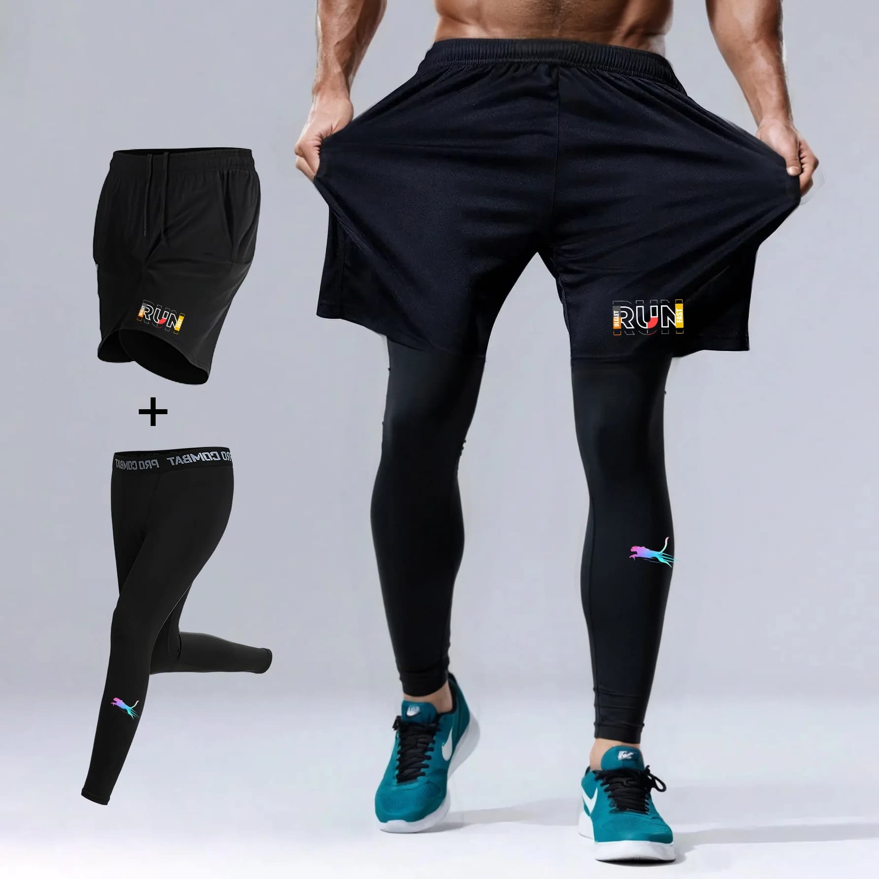 Completo da Corsa da Uomo in 2 Pezzi, Pantaloncini Sportivi ad Asciugatura Rapida con Leggings a Compressione per Palestra, Fitness, Jogging, Basket
