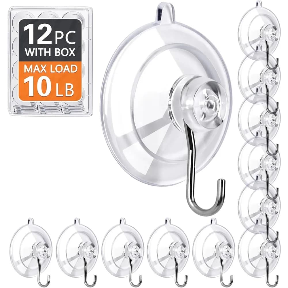 12 Pack Medium Suction Cups - 10LB Load, Clear, Reusable Hooks for Tile, Glass, Shower, Kitchen, Bathroom