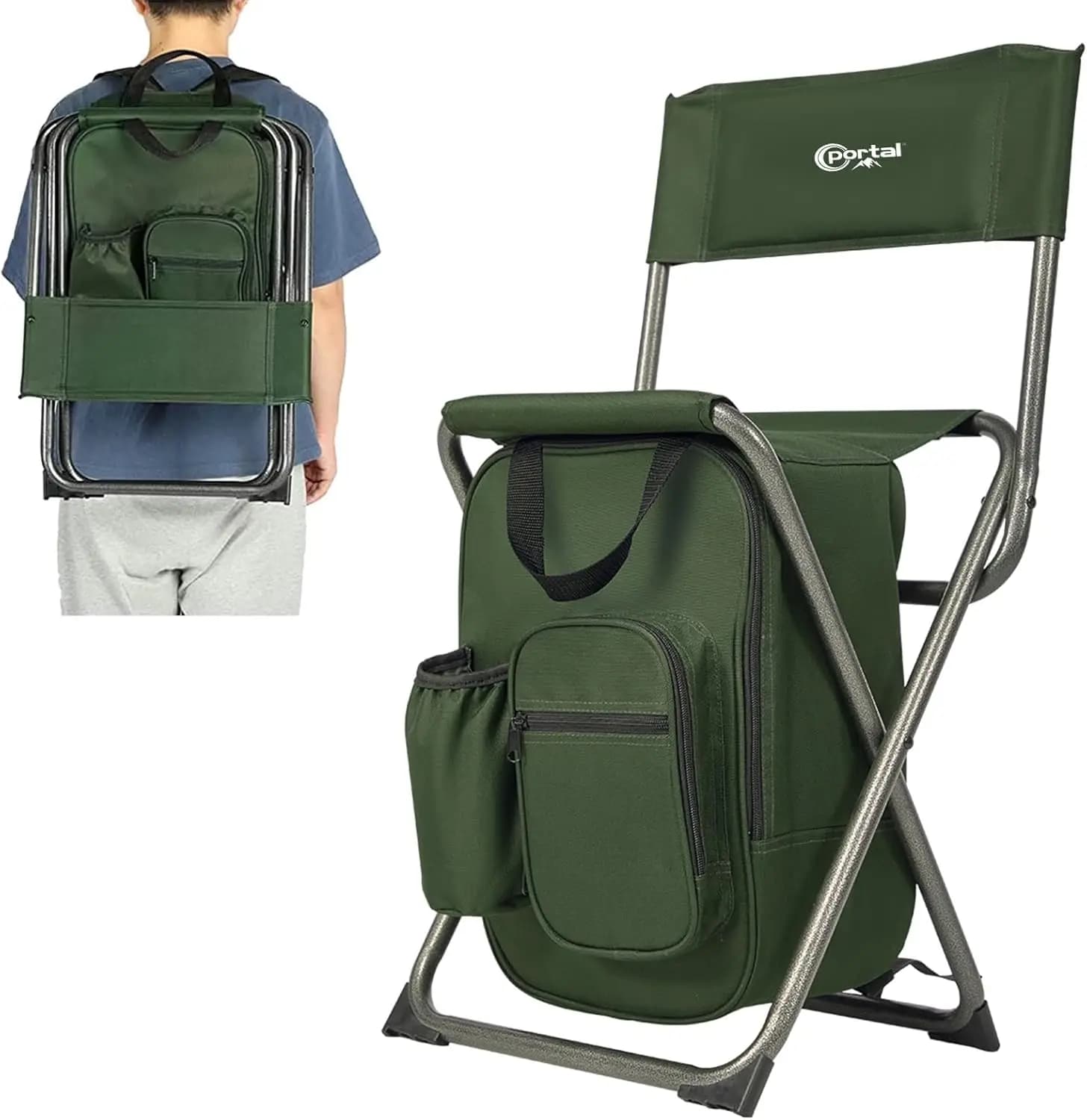 Sedia pieghevole con schienale e borsa frigo per campeggio, pesca, escursionismo e viaggi all'aperto, supporta fino a 102 kg.
