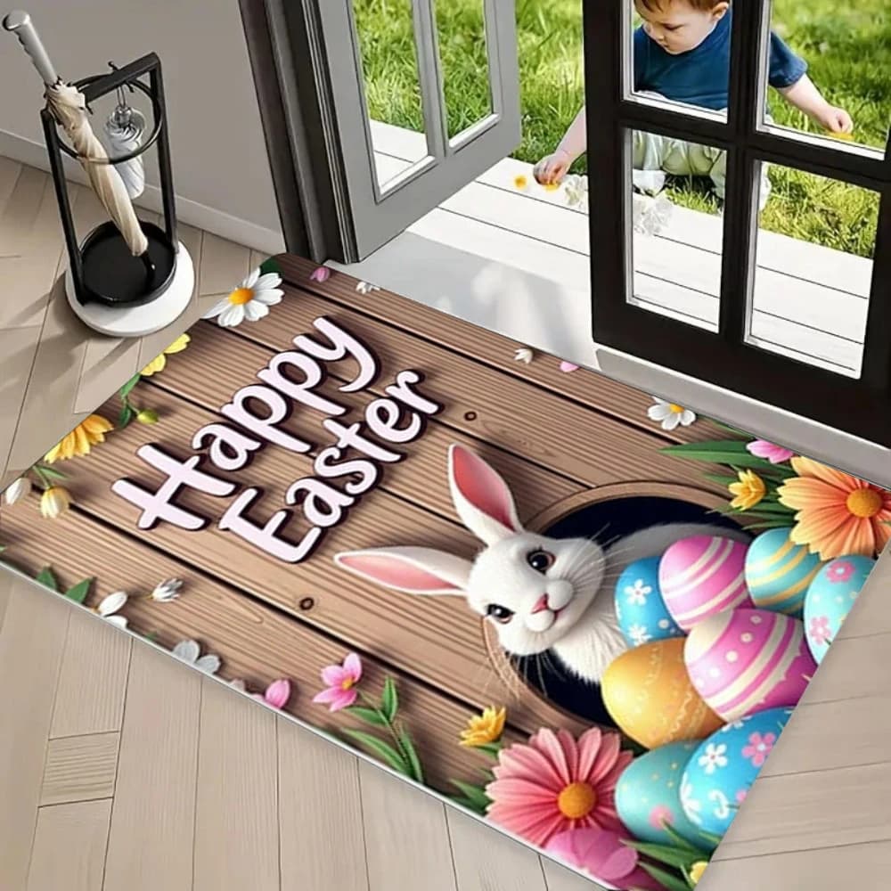 Door mat with Easter bunny, stain-resistant, non-slip, for entrance, hallway, bedroom, bedside mat, home decoration