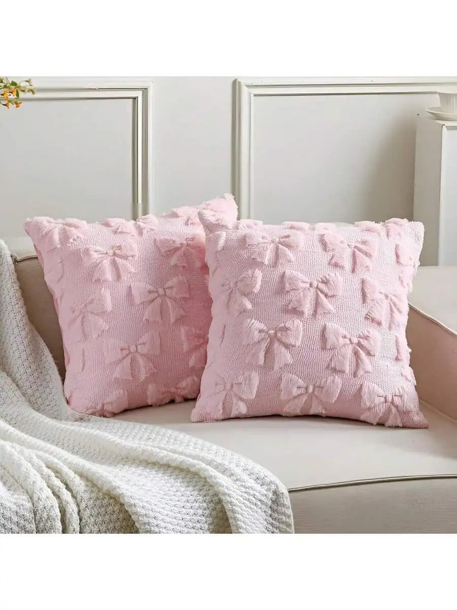 Cute Pink Bow Plush Pillow Cover For Sofa Living Room Home Decor
