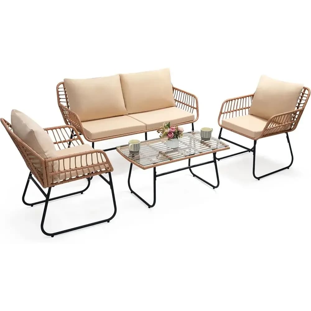 4-Piece Outdoor Bistro Set with Wicker Sofa, 2 Chairs, Table, Weather-Resistant Cushions in Beige