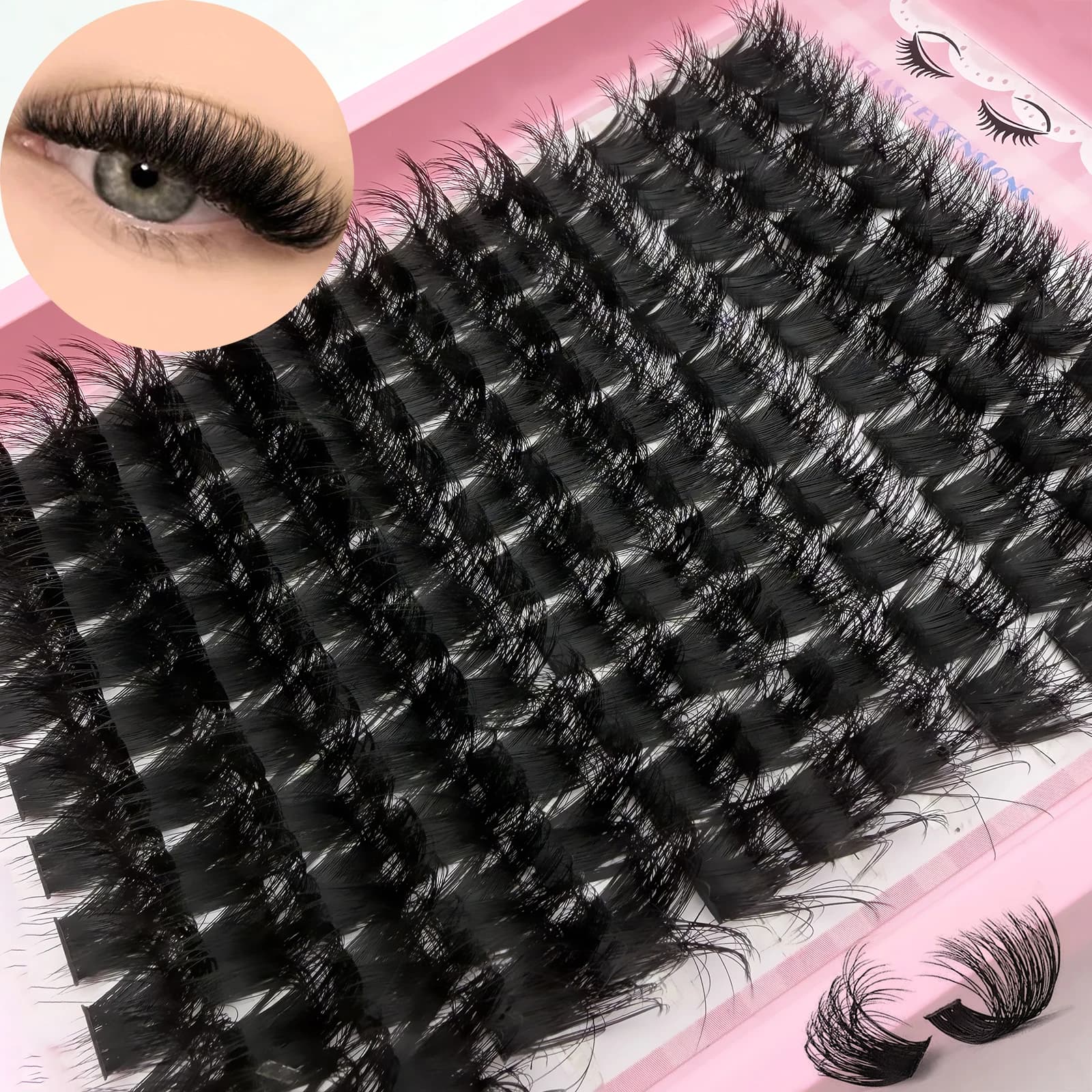 Extension ciglia fai da te a ciuffetti 100D 8D voluminose 0.07mm curvatura D 14-24mm miste, ciglia singole facili da applicare per principianti, strumento per il trucco